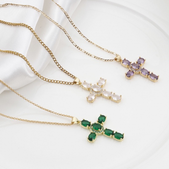 Picture of 1 Piece Brass & Cubic Zirconia Religious Pendants 18K Real Gold Plated Multicolor Cross 4cm x 2.3cm