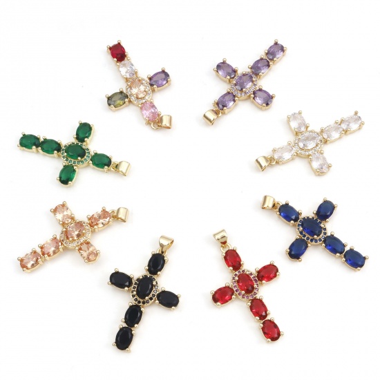 Picture of 1 Piece Brass & Cubic Zirconia Religious Pendants 18K Real Gold Plated Multicolor Cross 4cm x 2.3cm