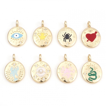 1 Pz Ottone Charms Ovale 18K Vero Oro Placcato Multicolore Smalto Trasparente Cubic Zirconiae 25mm x 17mm