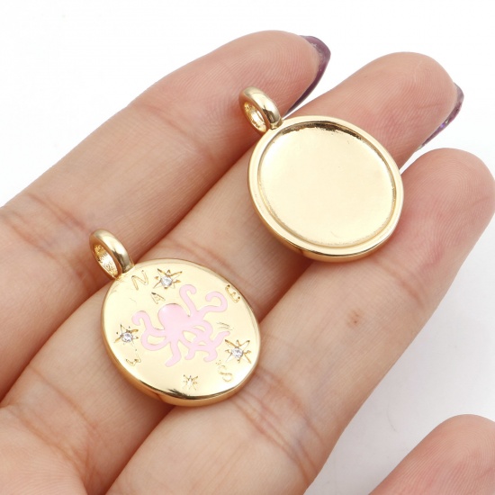 Image de 1 Pièce Breloques en Laiton Ovale Plaqué Or Véritable 18K Multicolore Émail à Zircone Cubique Clair 25mm x 17mm