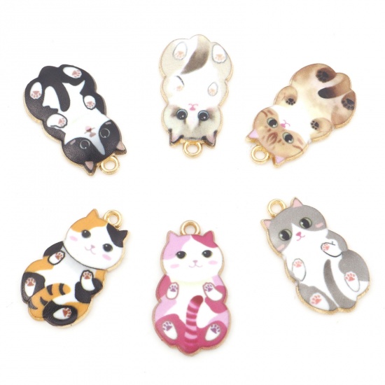 Picture of Zinc Based Alloy Charms Gold Plated Multicolor Cat Animal Enamel 25mm x 14mm