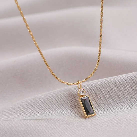 Picture of Eco-friendly Simple & Casual Stylish 14K Real Gold Plated 304 Stainless Steel & Cubic Zirconia Curb Link Chain Rectangle Pendant Necklace For Women