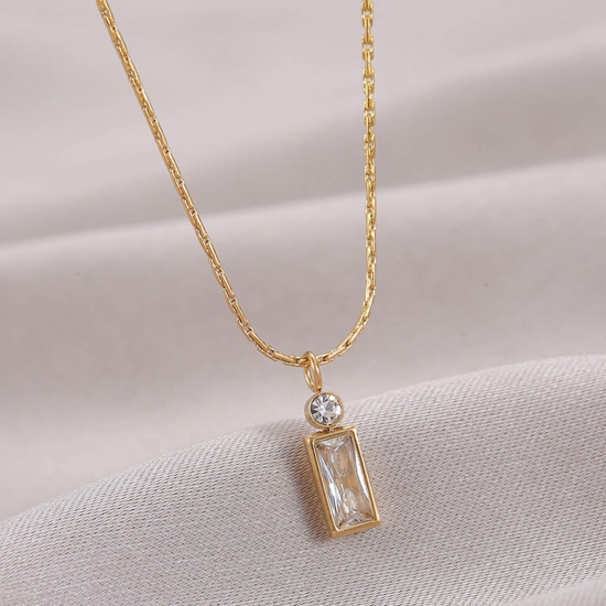 Picture of Eco-friendly Simple & Casual Stylish 14K Real Gold Plated 304 Stainless Steel & Cubic Zirconia Curb Link Chain Rectangle Pendant Necklace For Women