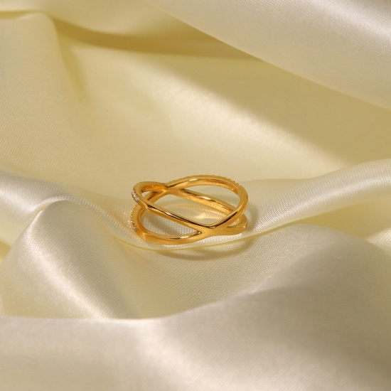 Bild von Umweltfreundlich Einfach und lässig Stilvoll 18K Vergoldet 304 Edelstahl & Zirkon Uneinstellbar X Form Ring Für Frauen Party 1 Stück