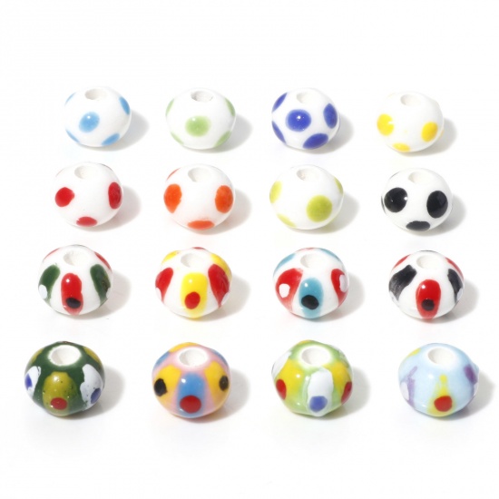 Immagine di Ceramica Diatanziale Perline Tondo Multicolore Polka Dot Disegno Come 12.5mm Dia, Foro: Circa 3.5mm, 5 Pz