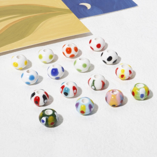 Immagine di Ceramica Diatanziale Perline Tondo Multicolore Polka Dot Disegno Come 12.5mm Dia, Foro: Circa 3.5mm, 5 Pz