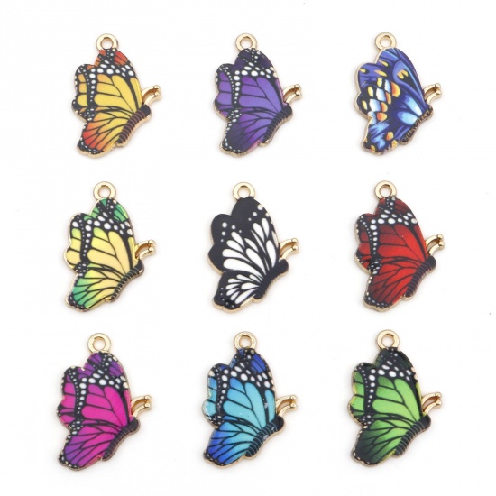 Picture of Zinc Based Alloy Insect Charms Gold Plated Multicolor Butterfly Animal Enamel 27mm x 19mm