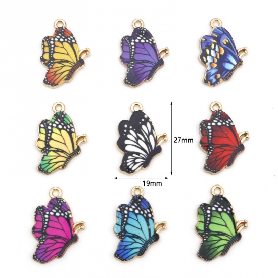 Picture of Zinc Based Alloy Insect Charms Gold Plated Multicolor Butterfly Animal Enamel 27mm x 19mm