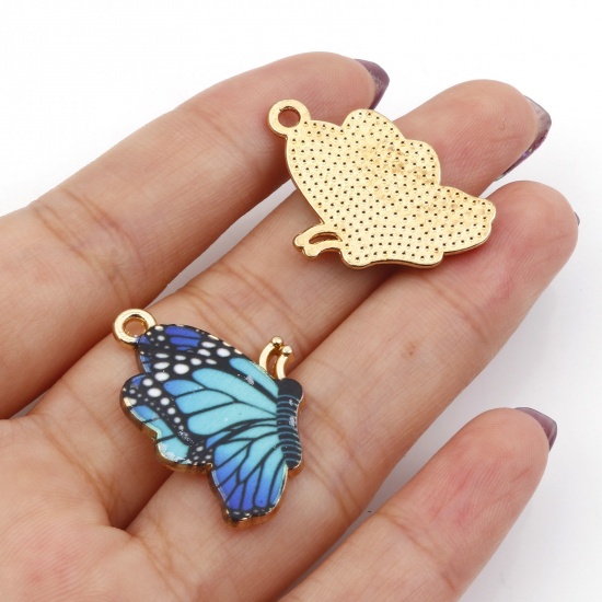 Picture of Zinc Based Alloy Insect Charms Gold Plated Multicolor Butterfly Animal Enamel 27mm x 19mm