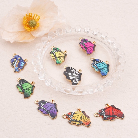 Picture of Zinc Based Alloy Insect Charms Gold Plated Multicolor Butterfly Animal Enamel 27mm x 19mm