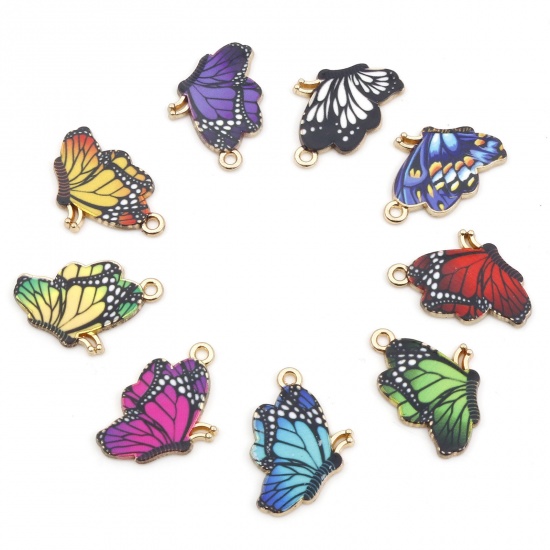 Picture of Zinc Based Alloy Insect Charms Gold Plated Multicolor Butterfly Animal Enamel 27mm x 19mm