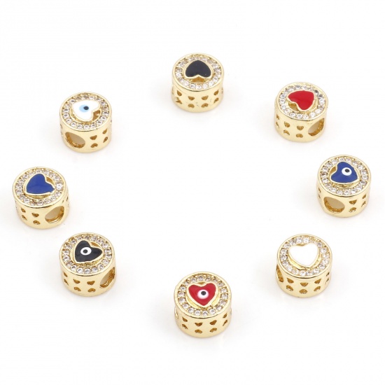 Picture of Brass Religious Spacer Beads Gold Plated Multicolor Flat Round Evil Eye Micro Pave Clear Cubic Zirconia 8mm Dia.                                                                                                                                              