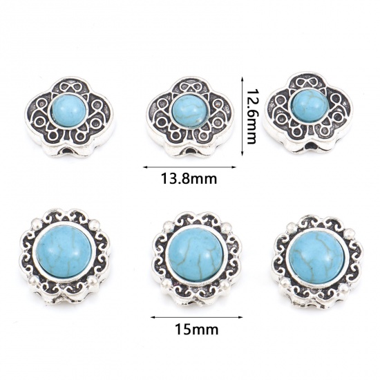 Picture of Zinc Based Alloy Boho Chic Bohemia Spacer Beads Antique Silver Color Carved Pattern With Resin Cabochons Imitation Turquoise