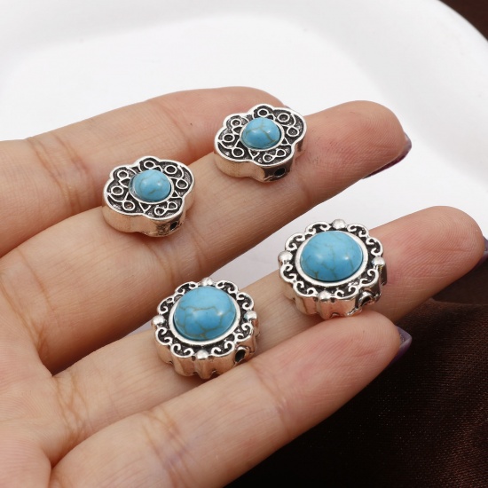 Picture of Zinc Based Alloy Boho Chic Bohemia Spacer Beads Antique Silver Color Carved Pattern With Resin Cabochons Imitation Turquoise