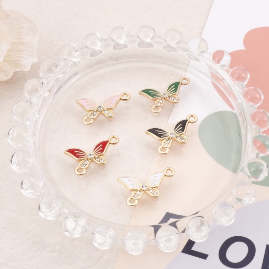 Picture of Zinc Based Alloy Insect Connectors Butterfly Animal Gold Plated Multicolor Enamel Clear Rhinestone 20mm x 13mm