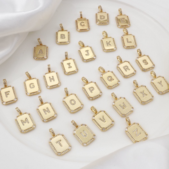 Picture of Brass Charm Pendant Gold Plated Rectangle Initial Alphabet/ Capital Letter 25mm x 14mm