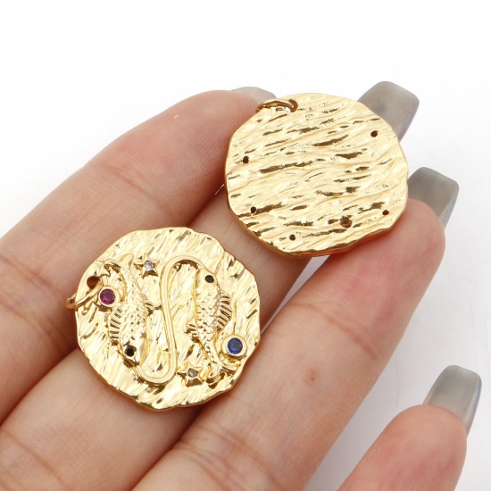 Picture of Brass Micro Pave Charms Gold Plated Round Disc Constellation Micro Pave Multicolour Cubic Zirconia 25mm x 21mm