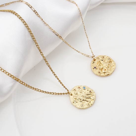 Picture of Brass Micro Pave Charms Gold Plated Round Disc Constellation Micro Pave Multicolour Cubic Zirconia 25mm x 21mm