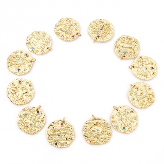 Picture of Brass Micro Pave Charms Gold Plated Round Disc Constellation Micro Pave Multicolour Cubic Zirconia 25mm x 21mm