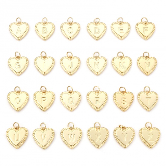 Picture of Brass Valentine's Day Charms Gold Plated Heart Initial Alphabet/ Capital Letter 19mm x 15mm