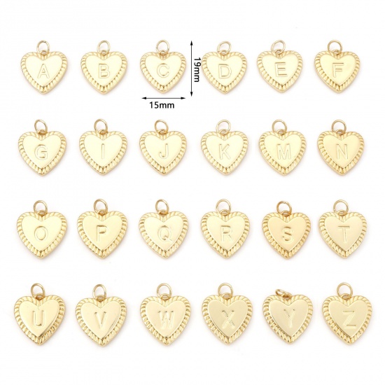 Picture of Brass Valentine's Day Charms Gold Plated Heart Initial Alphabet/ Capital Letter 19mm x 15mm