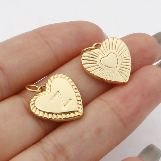 Picture of Brass Valentine's Day Charms Gold Plated Heart Initial Alphabet/ Capital Letter 19mm x 15mm