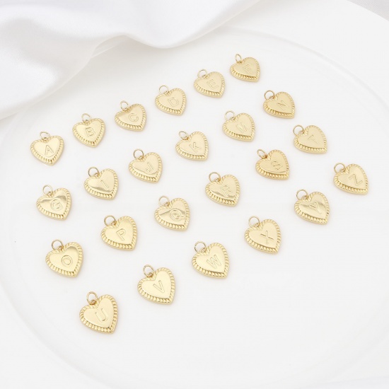 Picture of Brass Valentine's Day Charms Gold Plated Heart Initial Alphabet/ Capital Letter 19mm x 15mm