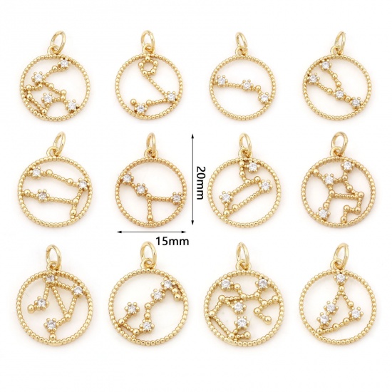 Picture of Brass Charms Gold Plated Round Constellation Hollow Clear Cubic Zirconia 20mm x 15mm