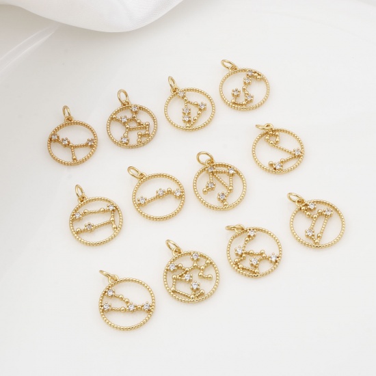 Picture of Brass Charms Gold Plated Round Constellation Hollow Clear Cubic Zirconia 20mm x 15mm