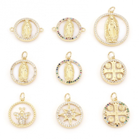 Immagine di Religione Charms Oro Placcato Tondo Vergine Maria Micro Spianare Trasparente Cubic Zirconiae 1 Pz