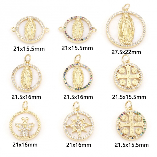 Immagine di Religione Charms Oro Placcato Tondo Vergine Maria Micro Spianare Trasparente Cubic Zirconiae 1 Pz