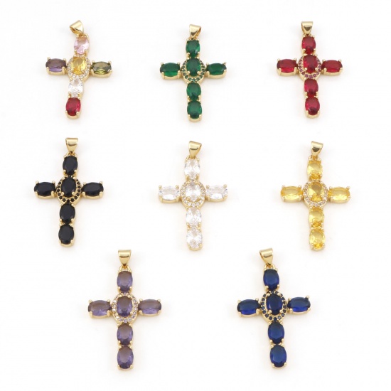 Immagine di Ottone Religione Ciondoli Oro Placcato Croce Micro Spianare Multicolore Cubic Zirconiae 3.9cm x 2.3cm, 1 Pz                                                                                                                                                   