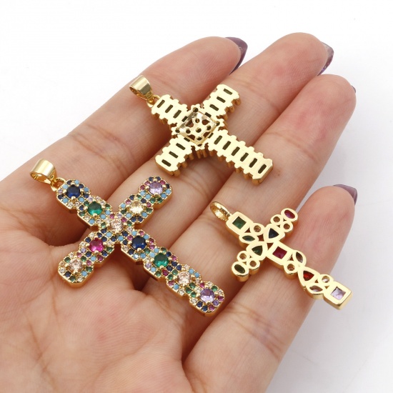 Picture of Brass Religious Pendants Gold Plated Cross Micro Pave Multicolour Cubic Zirconia