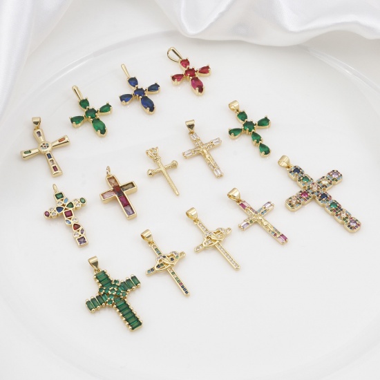 Immagine di Ottone Religione Ciondoli Oro Placcato Croce Micro Spianare Multicolore Cubic Zirconiae 1 Pz