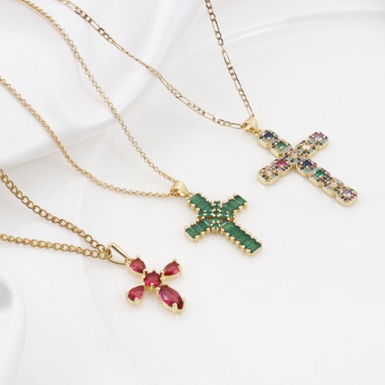 Picture of Brass Religious Pendants Gold Plated Cross Micro Pave Multicolour Cubic Zirconia