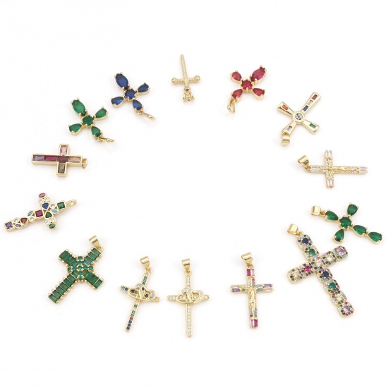 Immagine di Ottone Religione Ciondoli Oro Placcato Croce Micro Spianare Multicolore Cubic Zirconiae 1 Pz