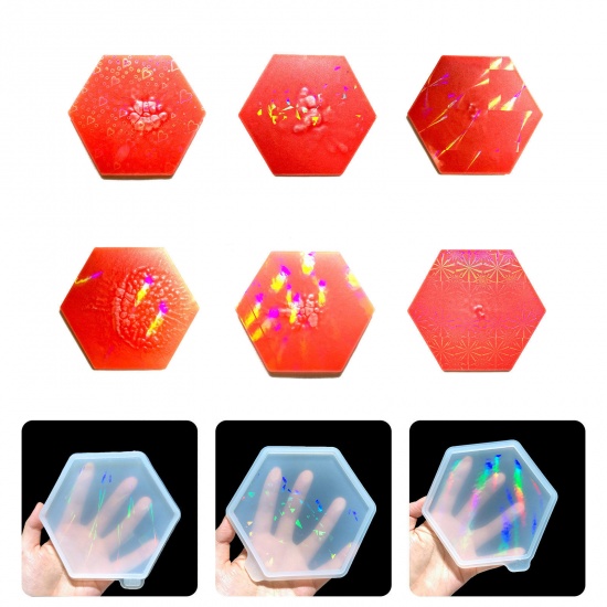 Picture of Silicone Resin Mold For Jewelry Coaster Making Hexagon White Holographic Laser 13.2cm x 11.6cm