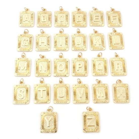 Immagine di Ottone Charms Oro Placcato Rettangolo Lettera Maiuscola 27mm x 16mm, 1 Pz