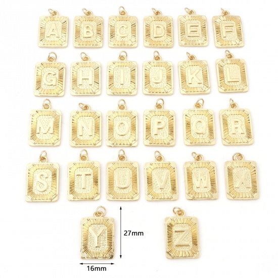 Immagine di Ottone Charms Oro Placcato Rettangolo Lettera Maiuscola 27mm x 16mm, 1 Pz