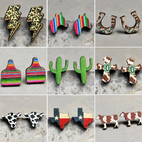 Imagen de Madera Retro Pendientes Multicolor Vaca de Leche Leopardo 1 Par