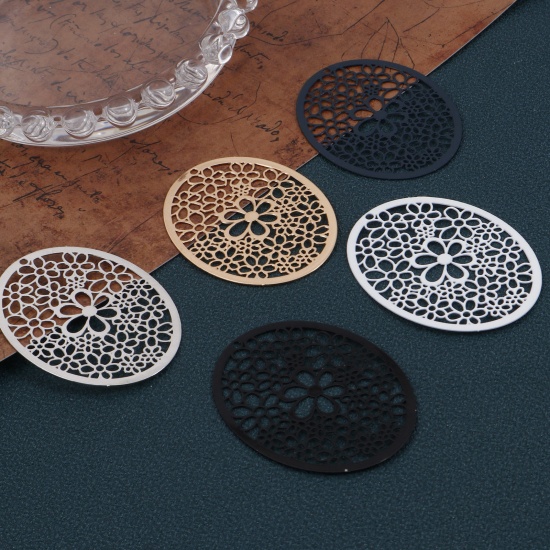Picture of Iron Based Alloy Filigree Stamping Pendants Multicolor Oval Flower Hollow 4.9cm x 3.7cm