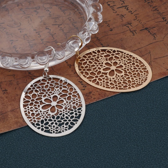Picture of Iron Based Alloy Filigree Stamping Pendants Multicolor Oval Flower Hollow 4.9cm x 3.7cm