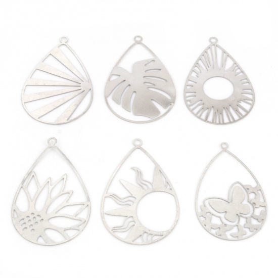 Picture of Iron Based Alloy Filigree Stamping Pendants Silver Tone Drop Hollow