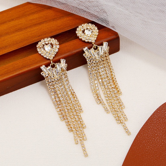 Picture of Retro Tassel Earrings Gold Plated Clear Rhinestone