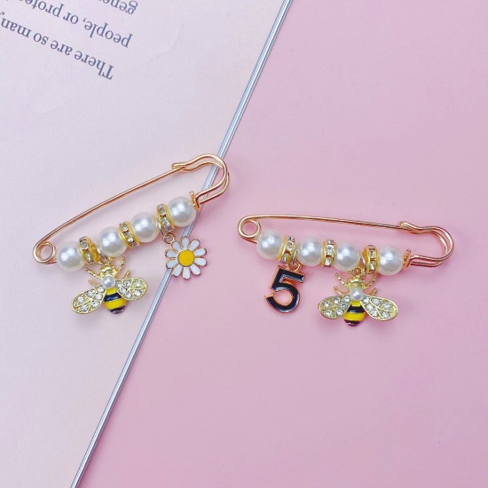 Picture of Cute Safety Pin Brooches Gold Plated Imitation Pearl