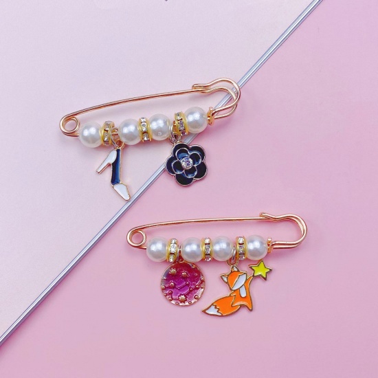 Picture of Cute Safety Pin Brooches Gold Plated Imitation Pearl