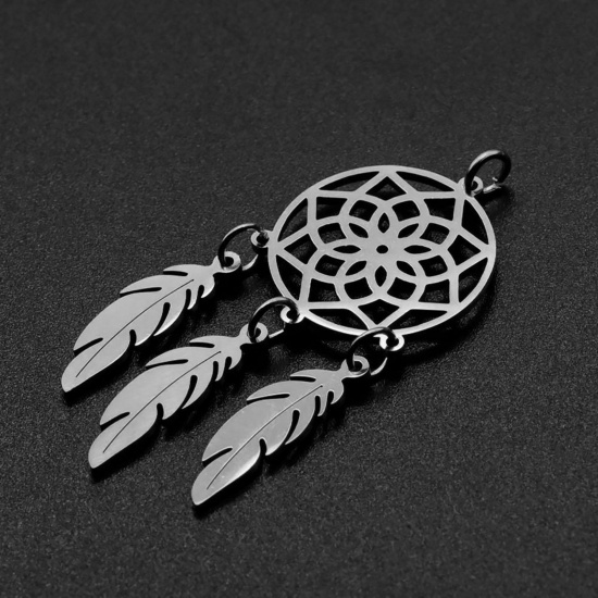 Picture of 201 Stainless Steel Dream Catcher Pendants Round Filigree 50mm x 20mm