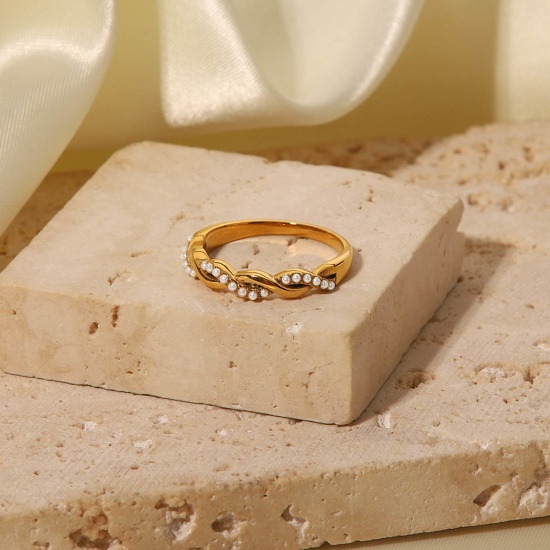 Bild von Umweltfreundlich Elegant Stilvoll 18K Vergoldet 304 Edelstahl & Naturperle Uneinstellbar Geflochten Ring Für Frauen 1 Stück