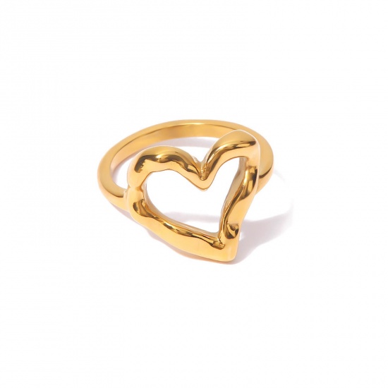 Bild von Umweltfreundlich Stilvoll Einfach 18K Echtgold plattiert 304 Edelstahl Uneinstellbar Herz Hohl Ring Für Frauen Valentinstag 1 Stück