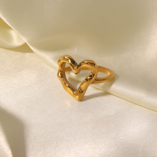 Bild von Umweltfreundlich Stilvoll Einfach 18K Echtgold plattiert 304 Edelstahl Uneinstellbar Herz Hohl Ring Für Frauen Valentinstag 1 Stück